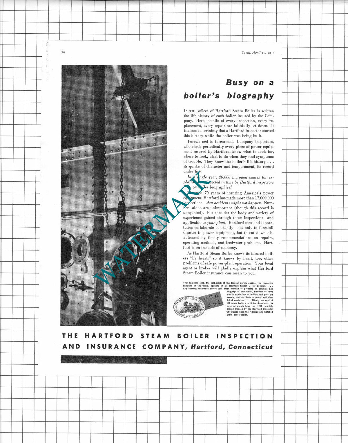 The Hartford Steam Boiler Co Hartford Connecticut USA  - 1937 Advert