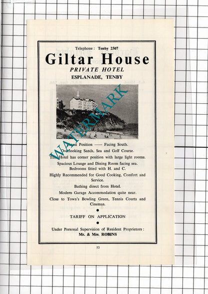 Harbour Heights Hotel Tenby Wales Dale / Giltar House Tenby  Robins -1962 ADVERT