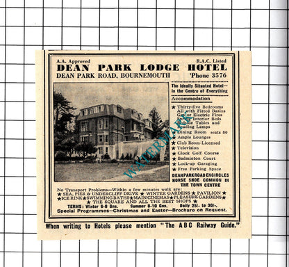 Meyrick Cliffs Hotel Bournemouth / Dean Park Lodge Small Advert -1958 Cutting