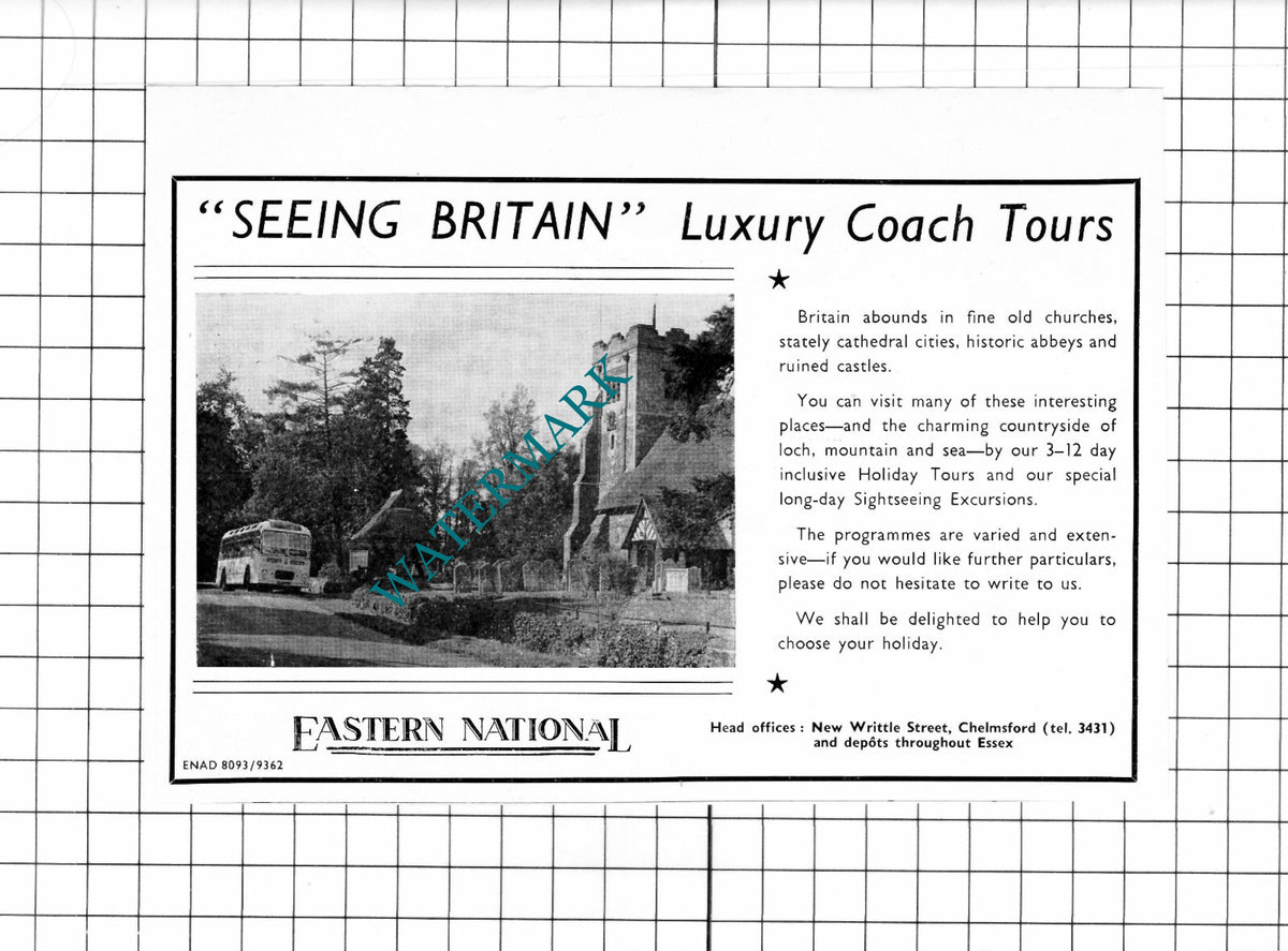 Eastern National Coach Tours Chelmsford Essex Advert - 1962 Clipping / Print
