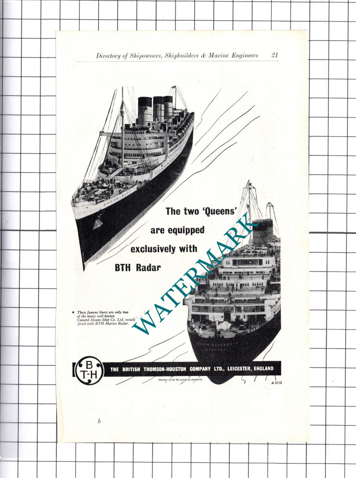 Palmers Hebburn World Enterprise Ship / Thomson-Houston Queen Mary ADVERT c.1957