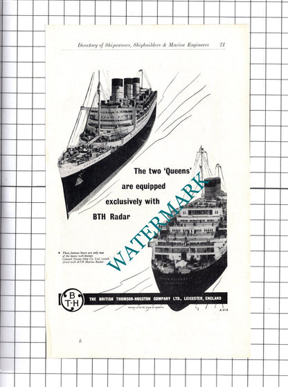 Palmers Hebburn World Enterprise Ship / Thomson-Houston Queen Mary ADVERT c.1957
