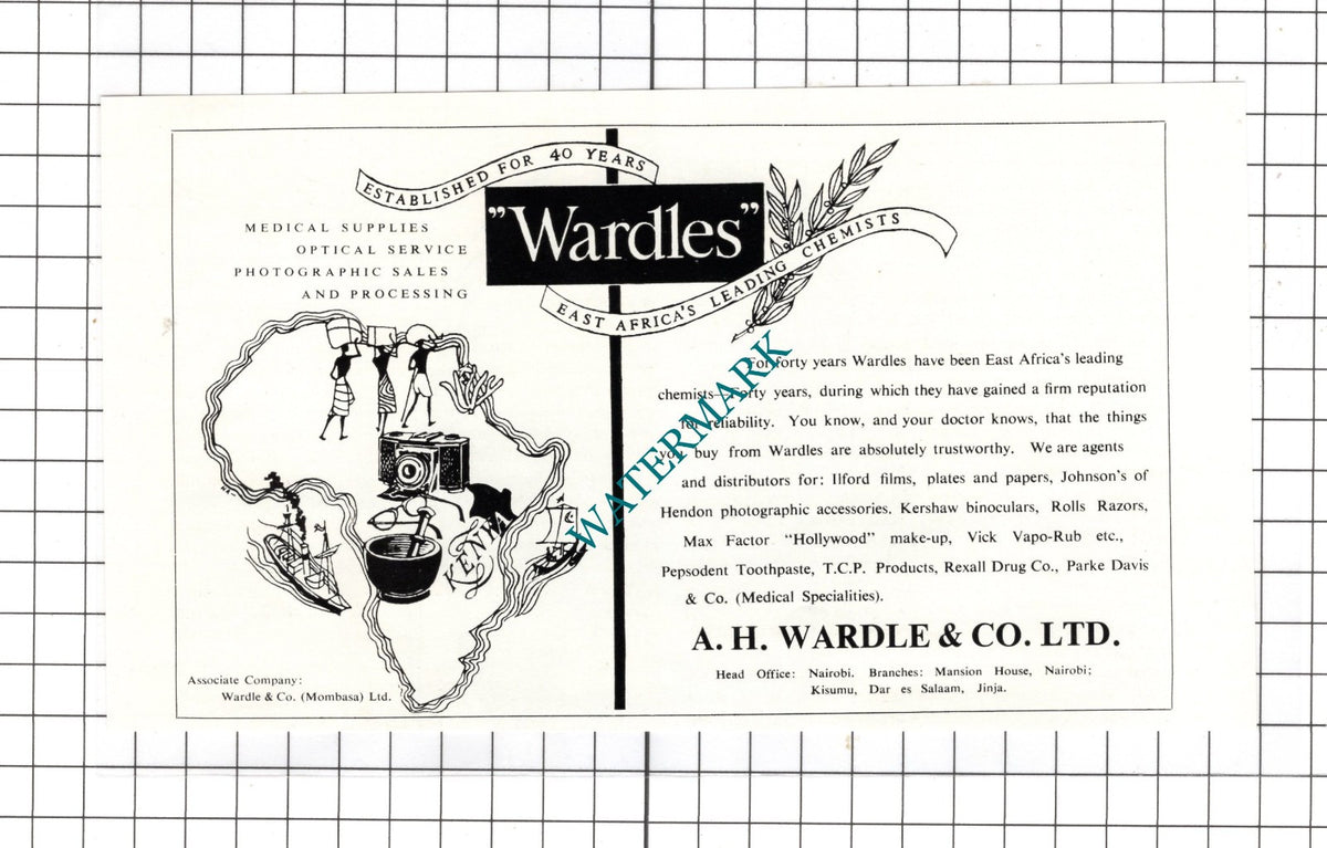 A H Wardle & Co Ltd Wardles Chemists Nairobi Kenya  - 1951 Advert