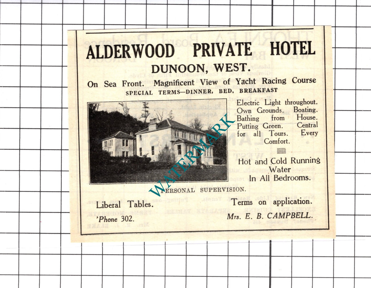 Alderwood Hotel Dunoon Campbell Small Advert - 1939 Cutting