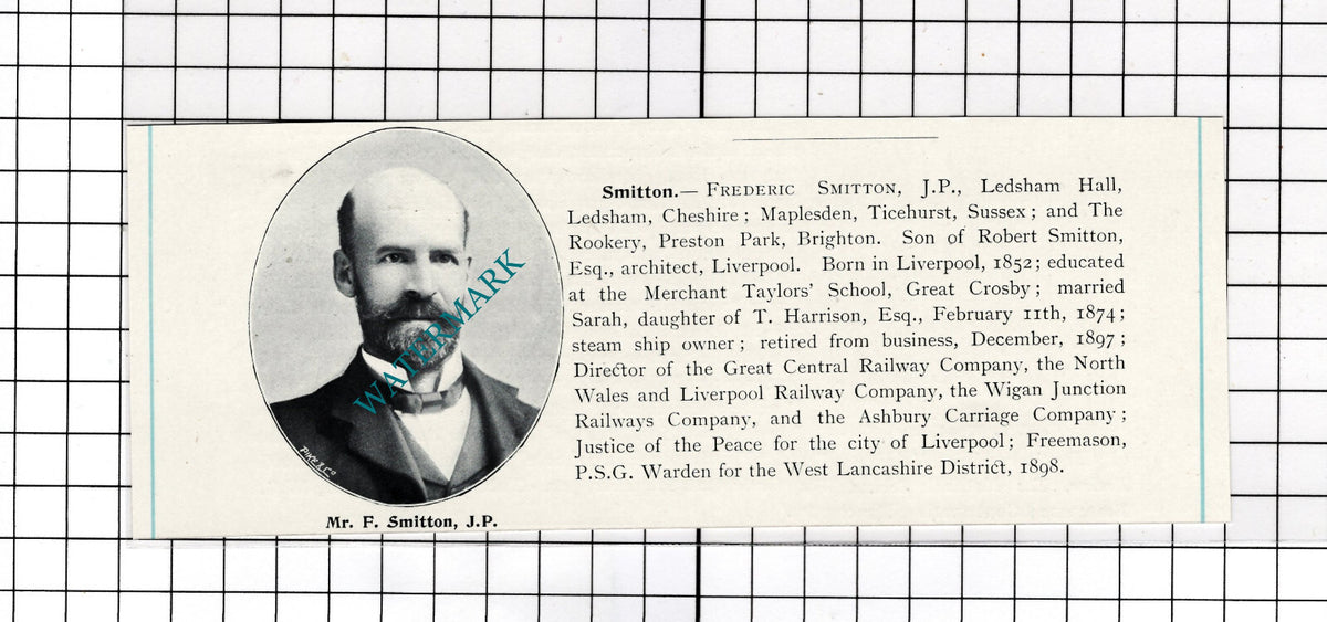 Mr Frederic Smitton Ledsham Hall Ledsham Cheshire - c.1900 Cutting