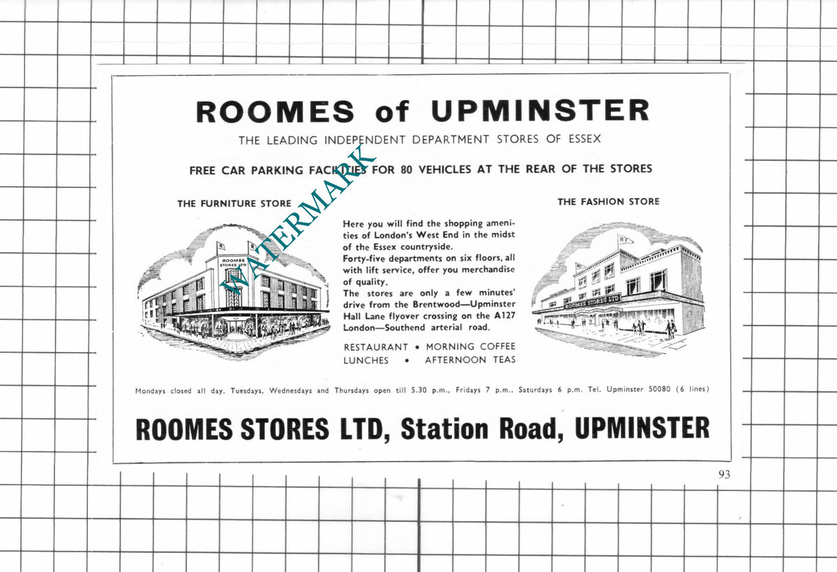 Roomes Of Upminster Essex  - 1960's Small Advert