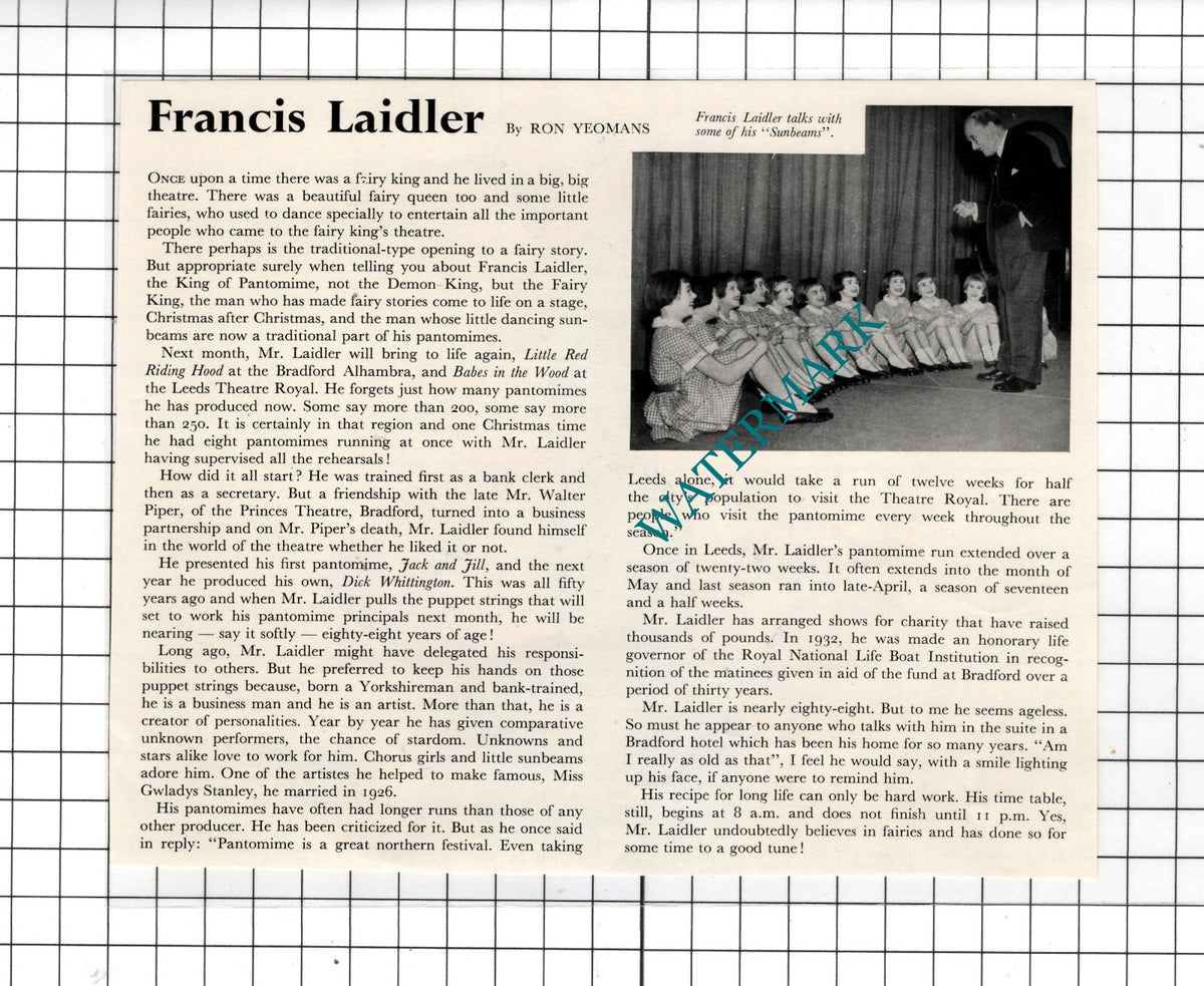 Francis Laidler King Of Pantomime  - 1954  Clipping
