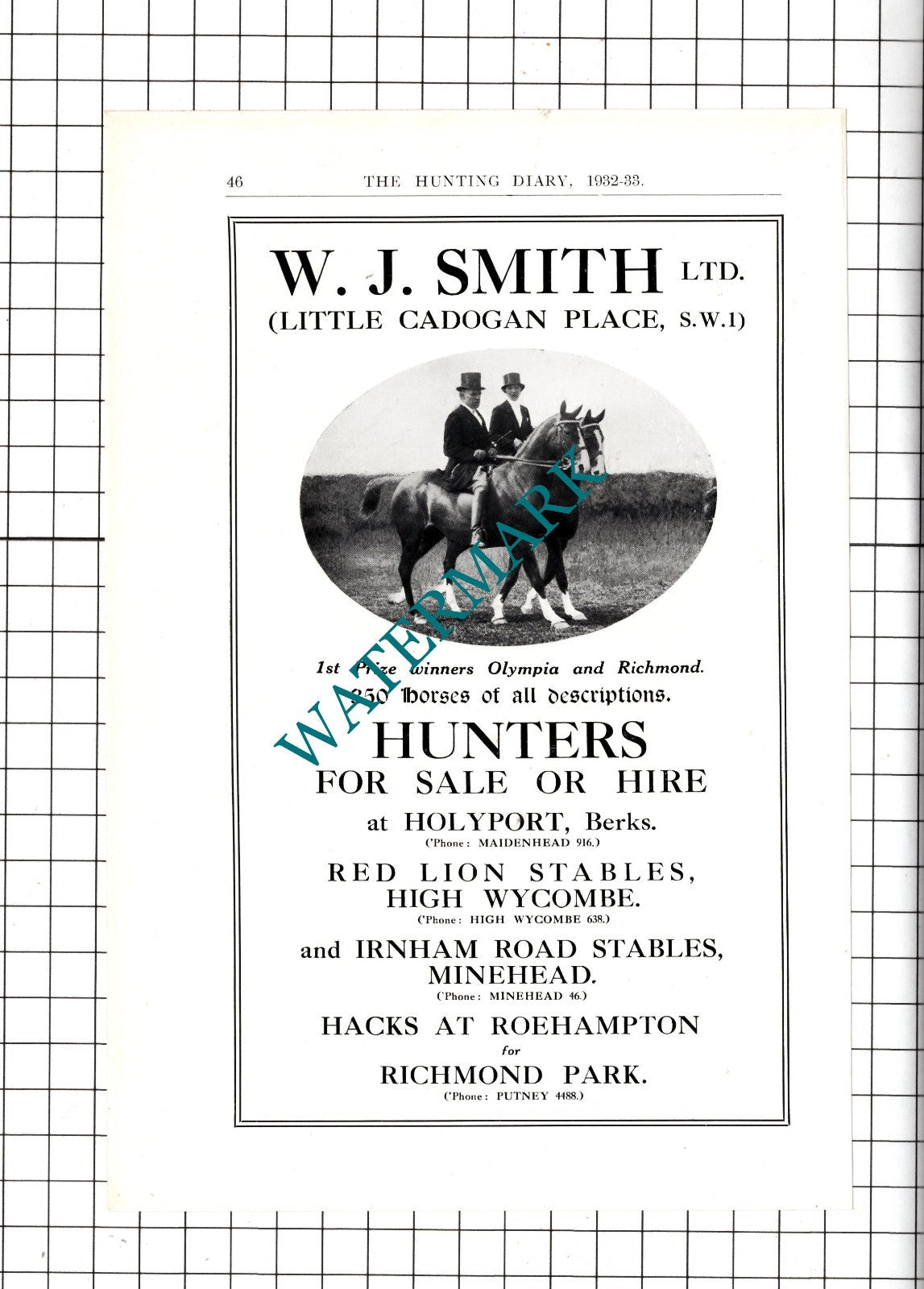 W J Smith Ltd Little Cadogan Place London - Horse -   1932 Advert