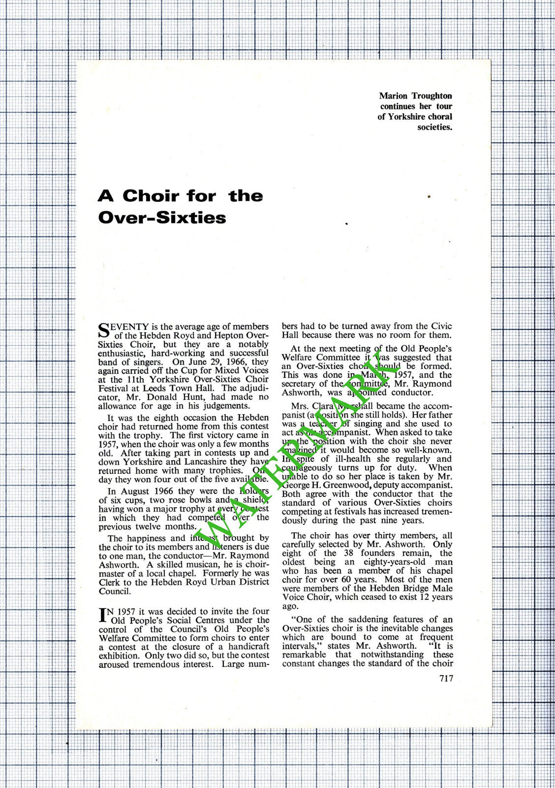 Hebden Royd And Hebden Over Sixties Choir Raymond Ashworth - 1966 Article