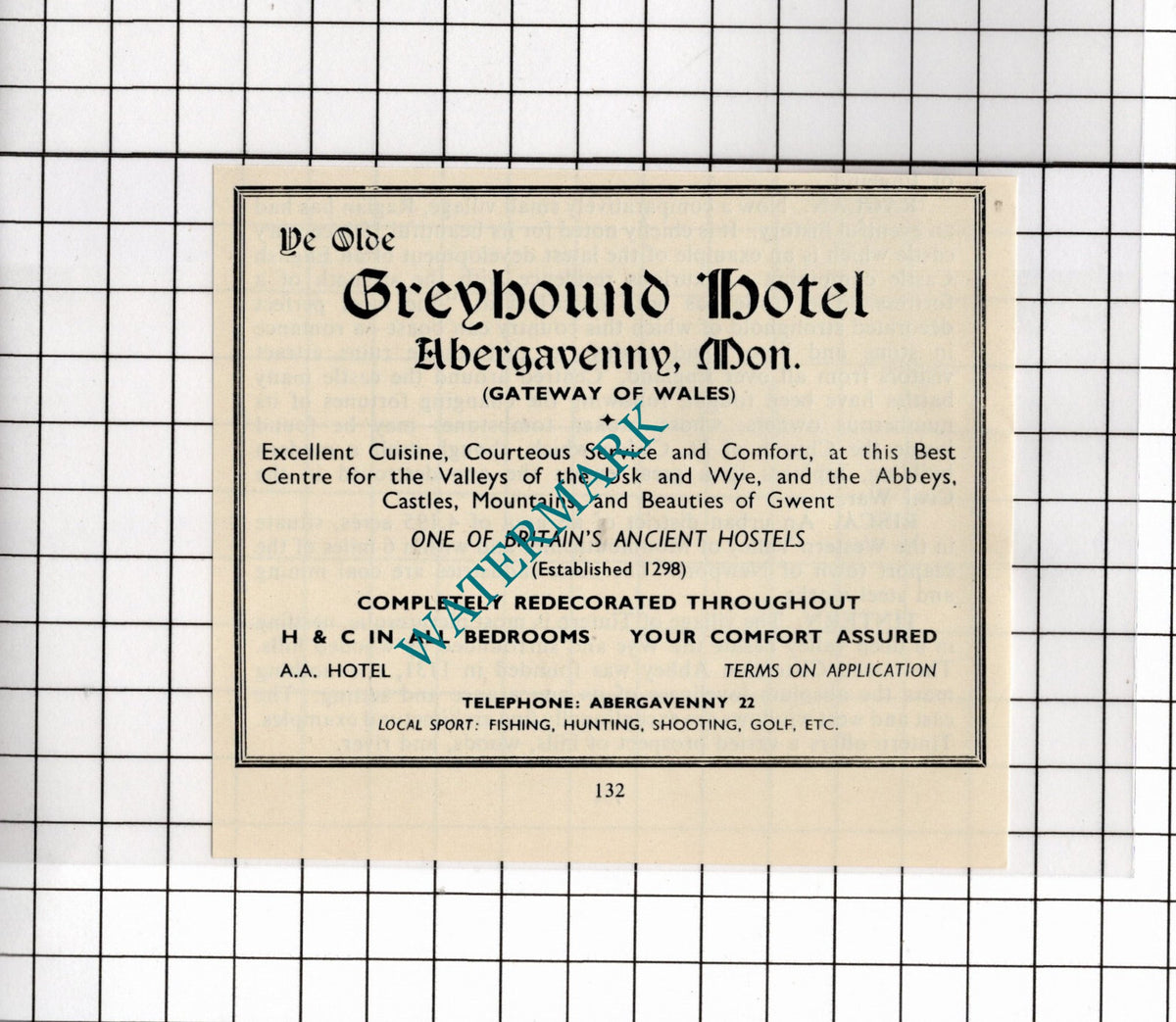 Ye Olde Greyhound Hotel Abergavenny Wales  Small Advert  - 1953 Clipping
