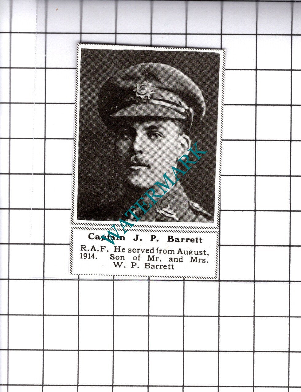Captain J P Barrett RAF Great War WW1 - 1919 SMALL Cutting
