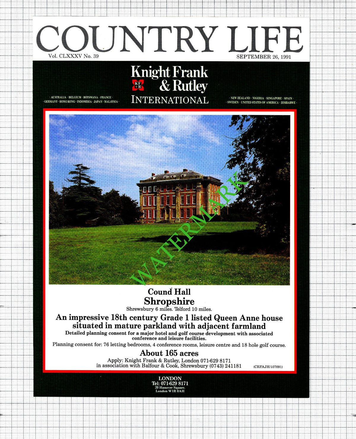 Cound Hall Shropshire House Sale Advert - 1991 Cutting