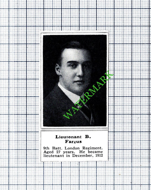 Lt B Fargus 9th Batt London Regiment WW1- 1915 SMALL Cutting