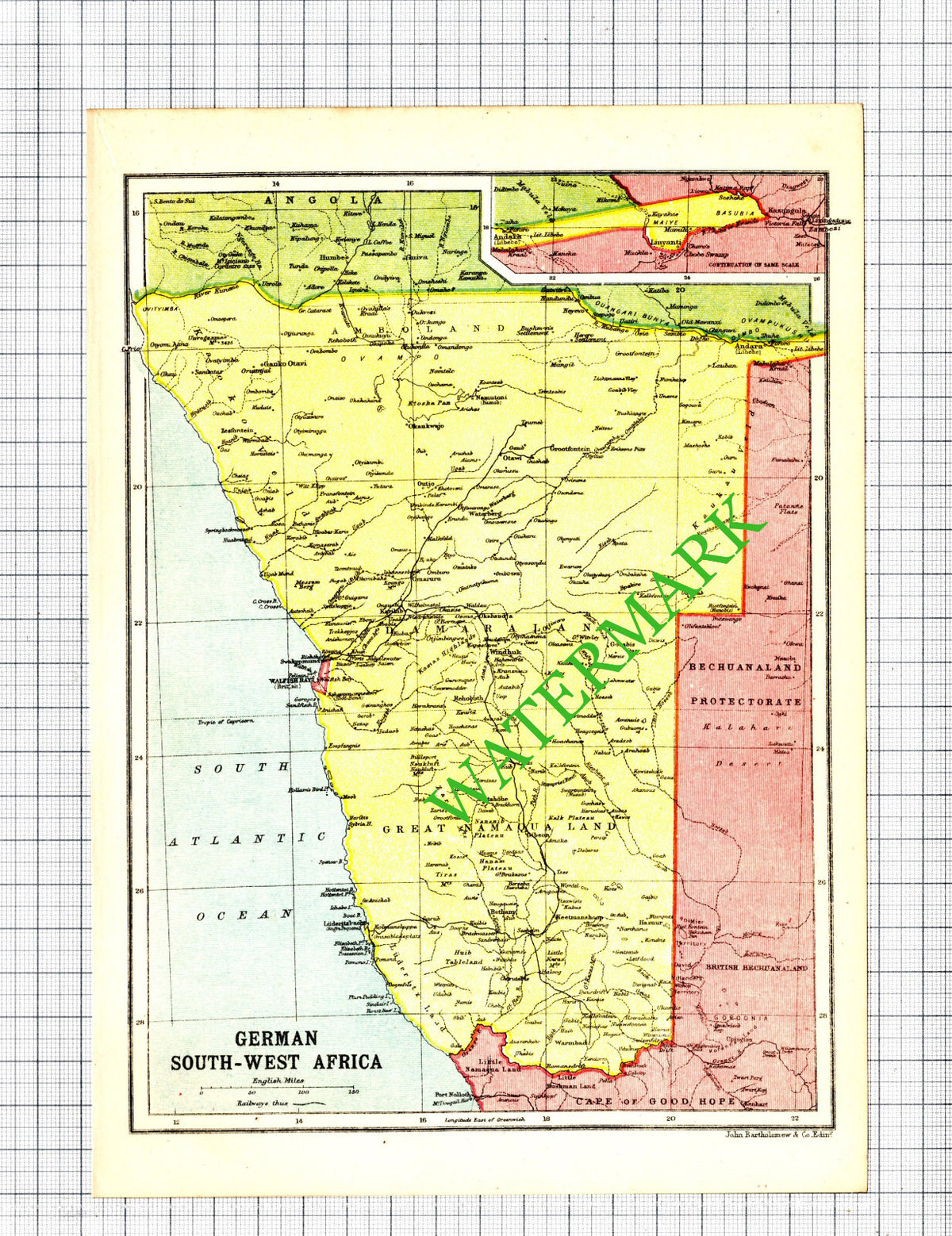 German South-West Africa Small Map WW1 - c.1920 Cutting / Print