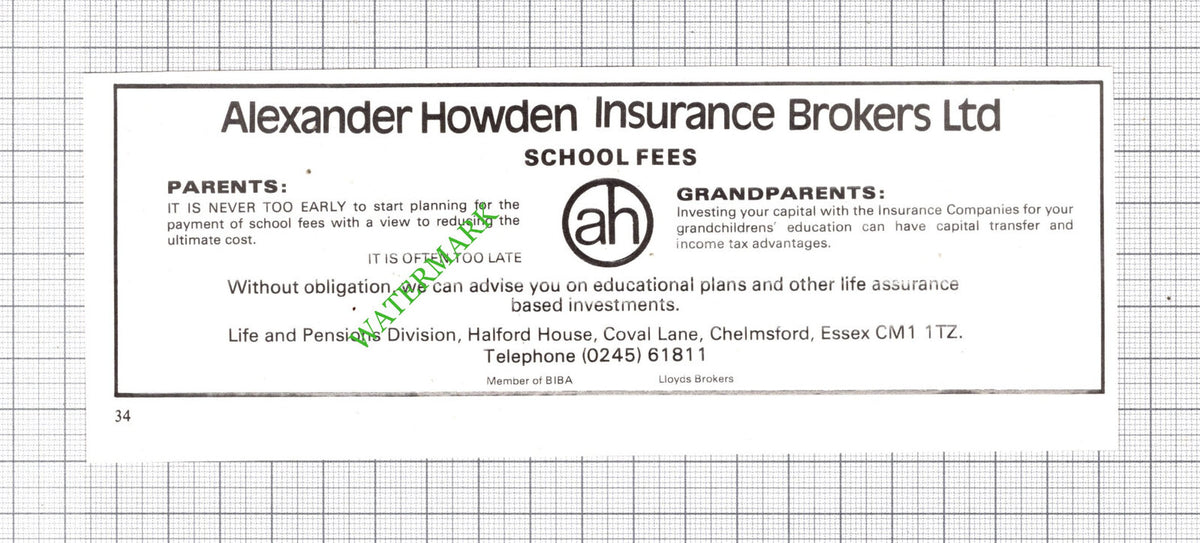 Alexander Howden Insurance Brokers Chelmsford Essex Small Advert - 1979 Cutting