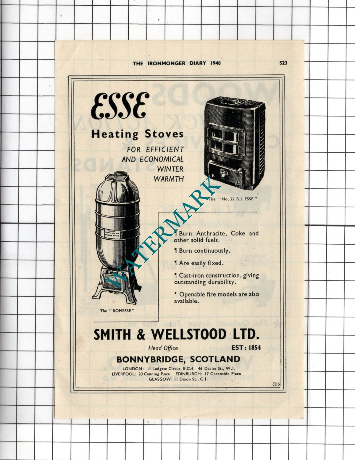 Woods & Co London / Smith & Wellstood Ltd Bonnybridge Esse Stoves -  1948 Advert