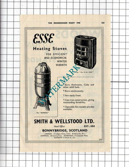 Woods & Co London / Smith & Wellstood Ltd Bonnybridge Esse Stoves -  1948 Advert