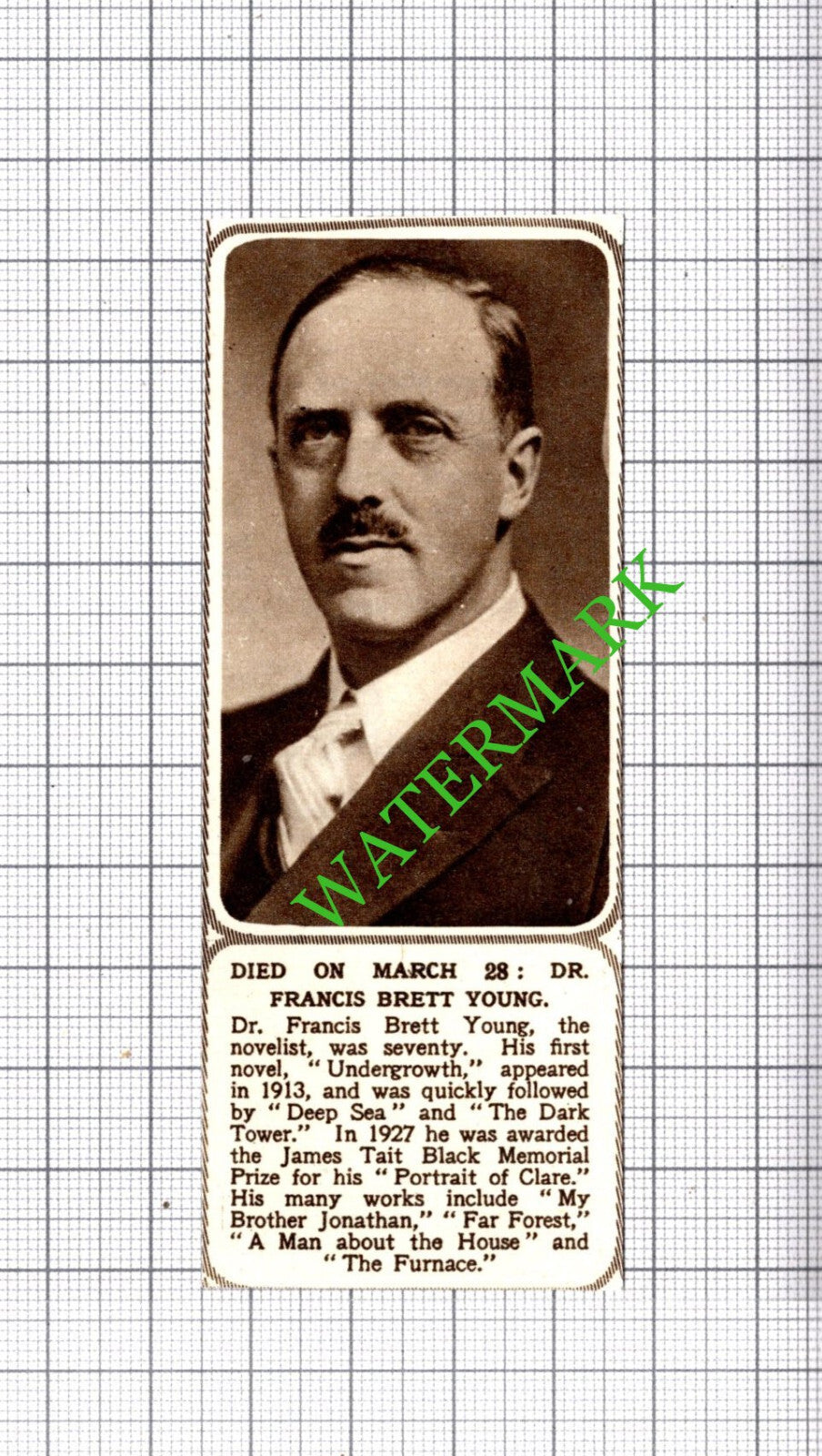 Dr Francis Brett Young Novelist Obituary - 1954 Small Cutting
