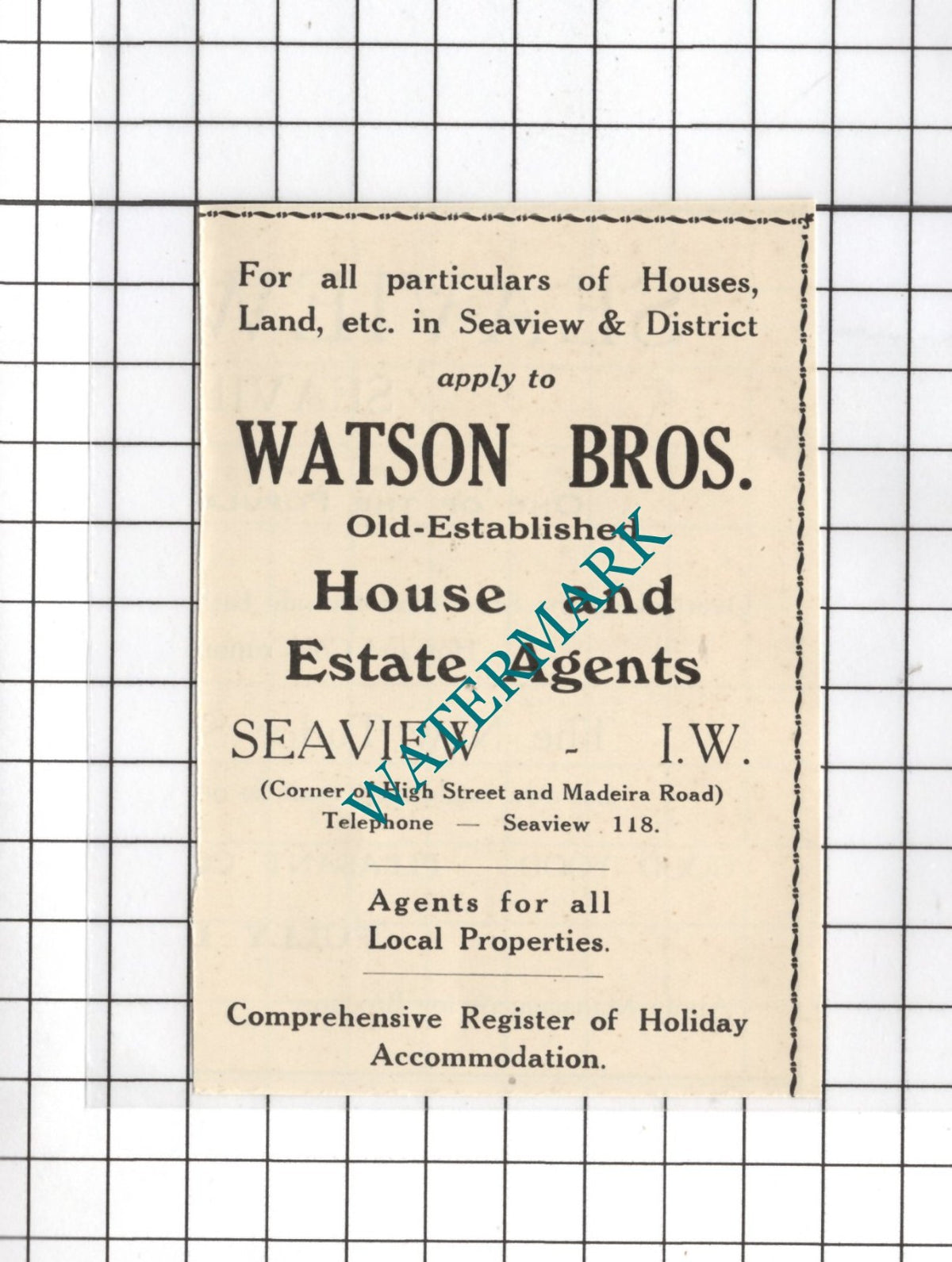 Watson Bros Estate Agents Seaview Isle Of Wight  - 1938 Small Advert