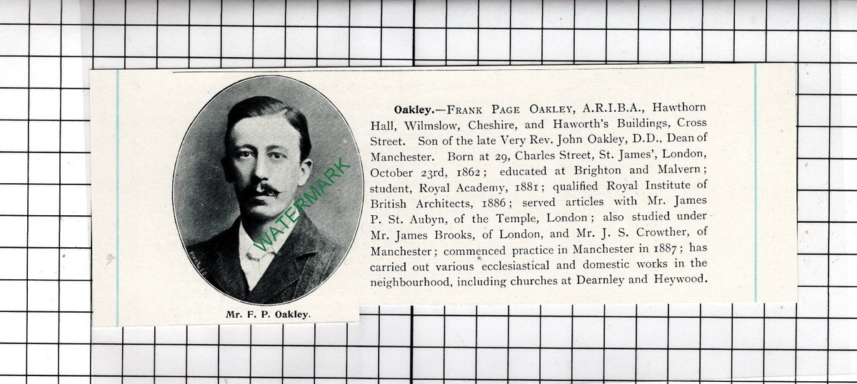 Frank Page Oakley Hawthorn Hall Wilmslow Cheshire   - c.1905 Clipping