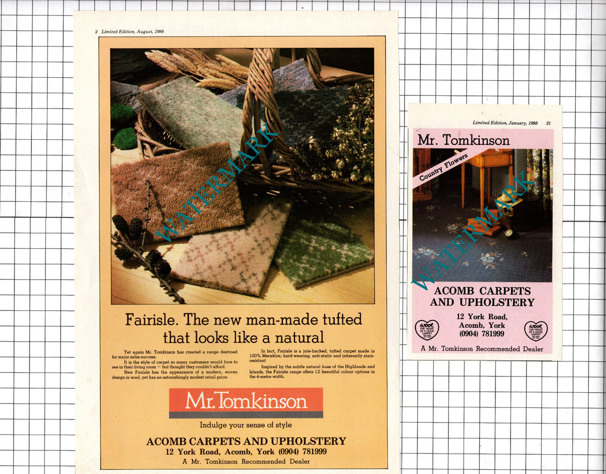 Mr Tomkinson Acomb Carpets and Upholstery Acomb York   - 1988 TWO Adverts