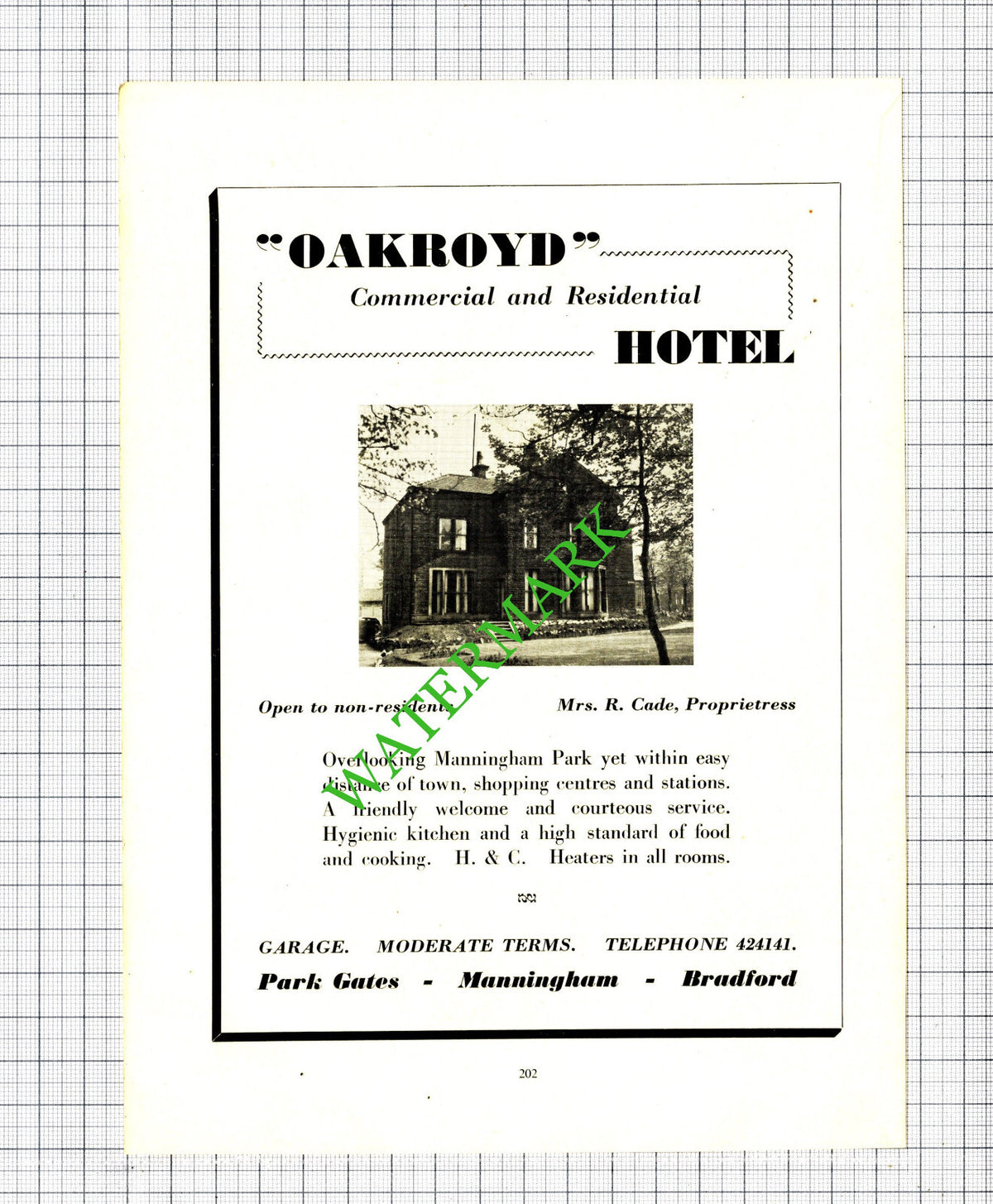 Oakroyd Hotel Bradford  Yorkshire  Mrs R Cade Advert - 1957 Cutting