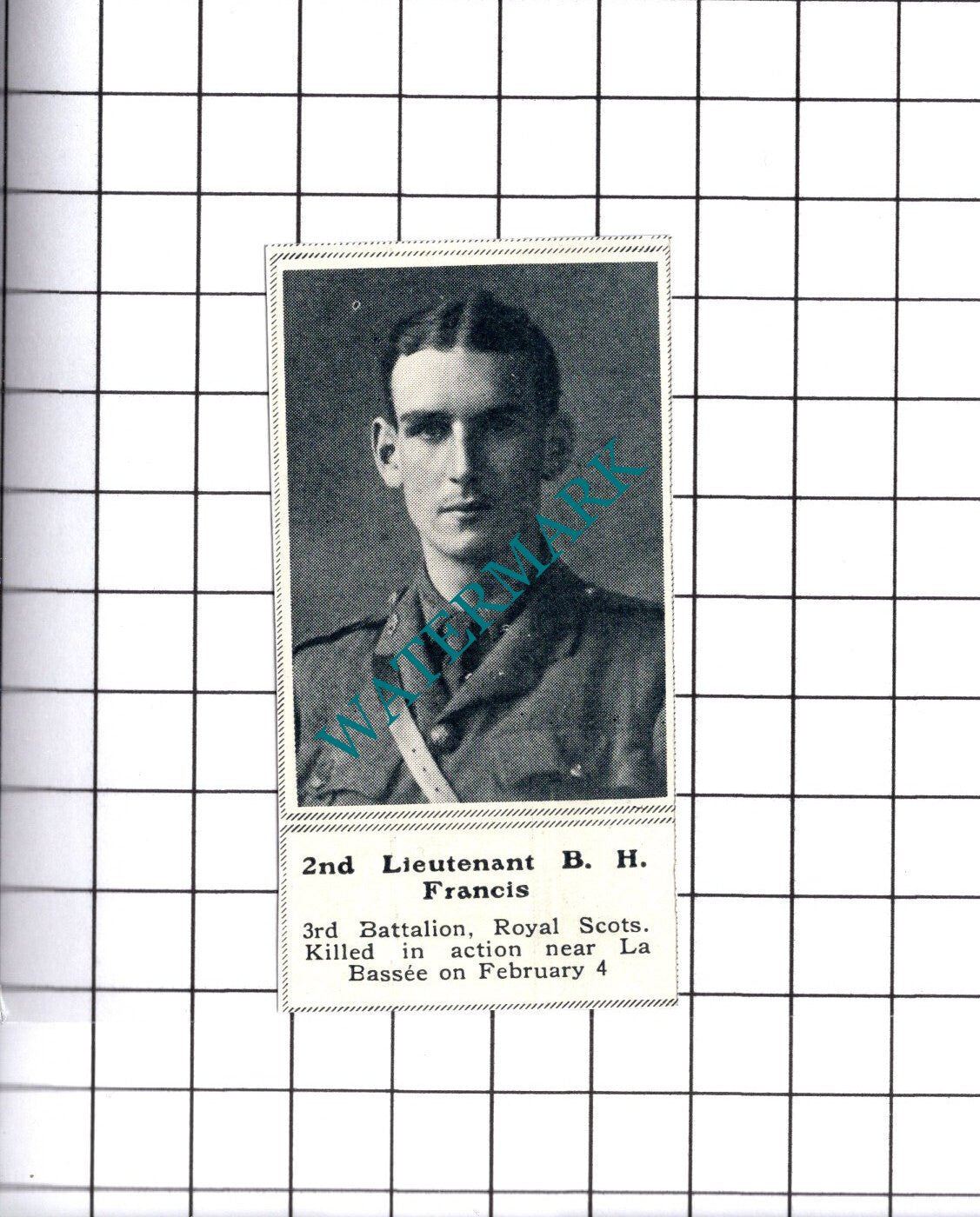 2nd Lt B H Francis 3rd Batt Royal Scots WW1 - 1915 SMALL Cutting