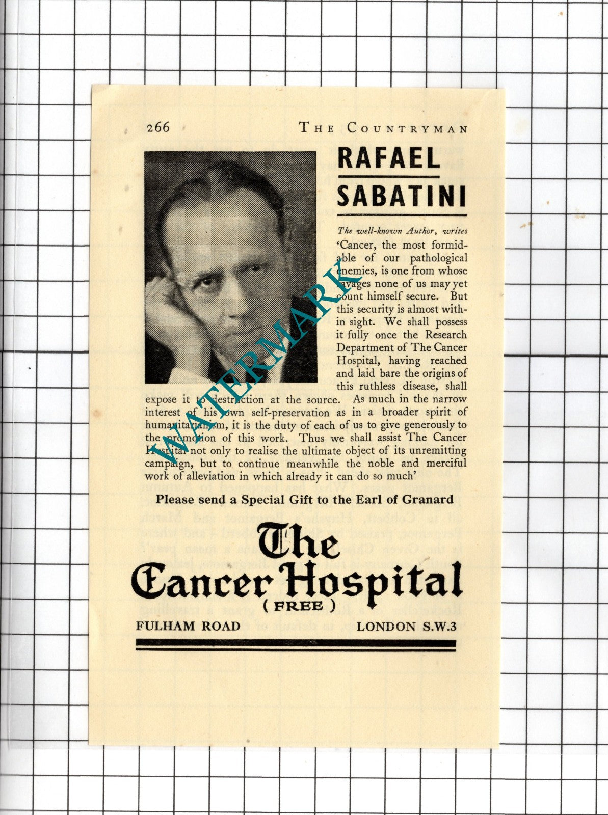 Rafael Sabatini Author  The Cancer Hospital London  - 1935 Small Advert