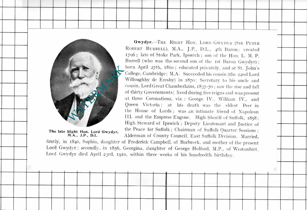 Right Hon Lord Gwydyr Sir Peter Robert Burrell Ipswich Obituary - 1911 Clipping