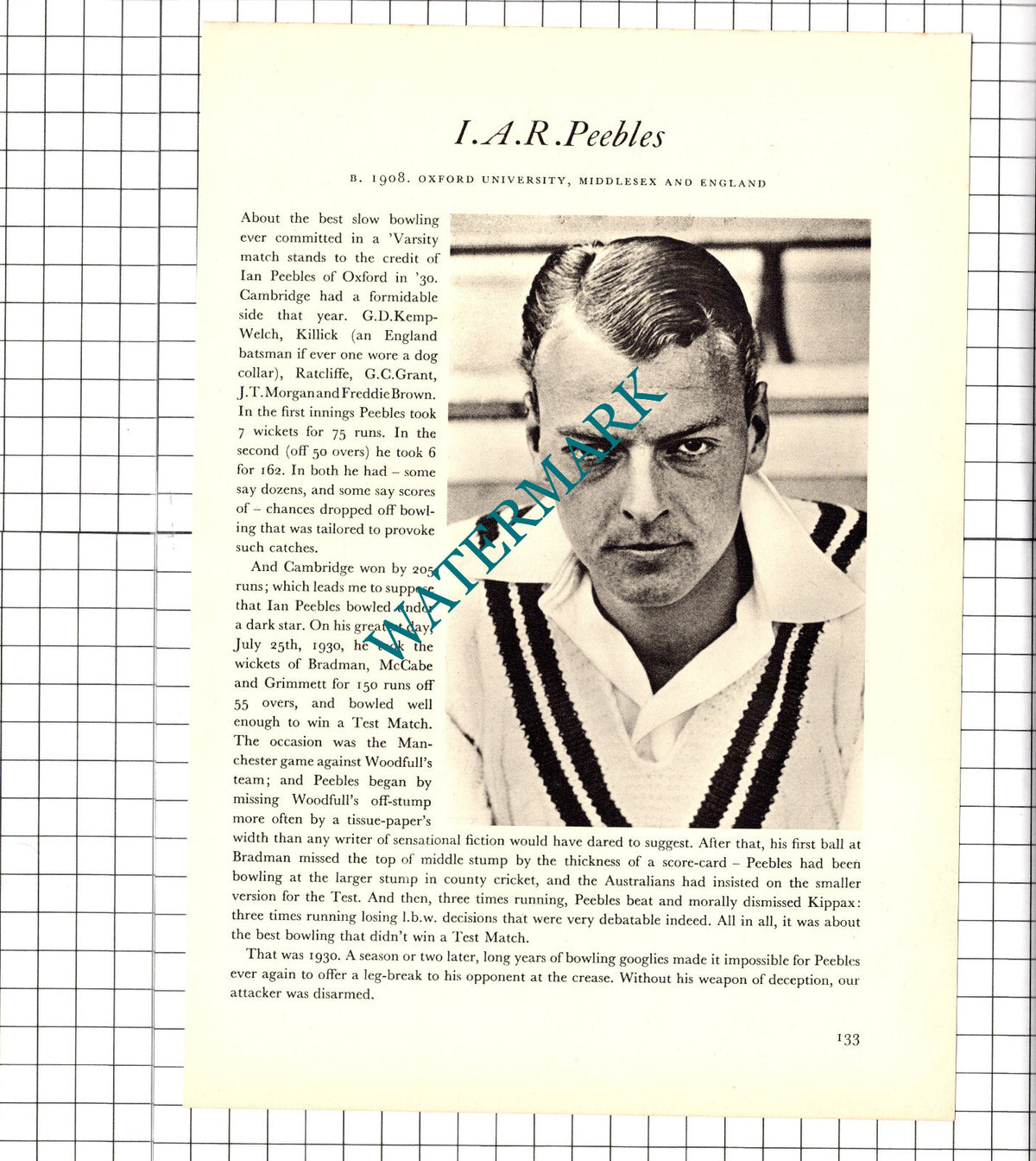 W E Bowes Bill Bowes Cricketer / Ian Peebles Cricket - 1952 Book Print