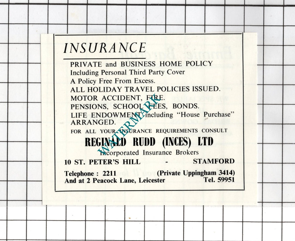Reginald Rudd Ltd Insurance Stamford Lincs / Emmie Barcroft - 1974 Small Advert