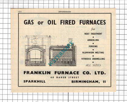 Franklin Furnace Co Ltd Birmingham / Radiant Heating Ltd London - 1951 Advert