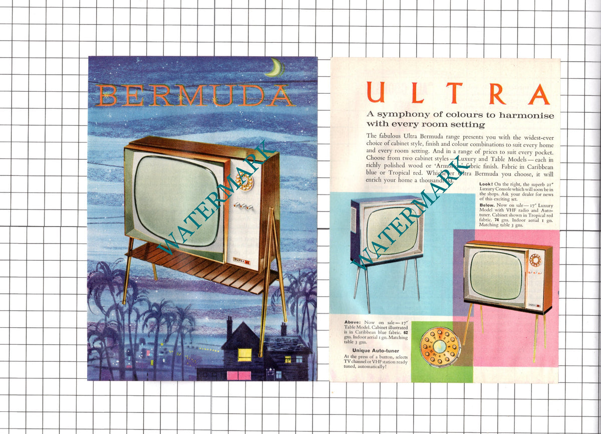 Ultra Bermuda Television TV ADVERT  - 2-Part 1960 Clipping / Print