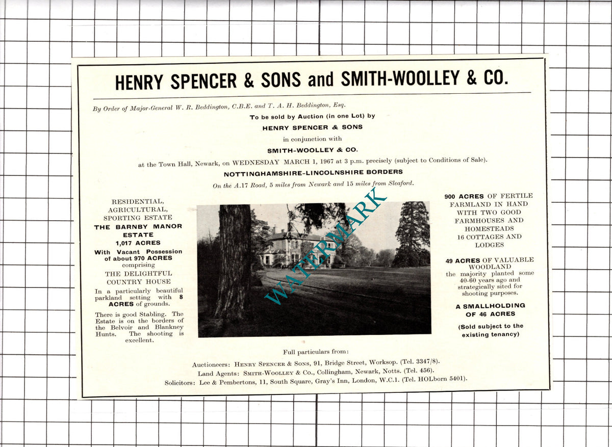 The Barnby Manor Estate Major Gen W R Beddington Sale Advert  - 1967 Clipping