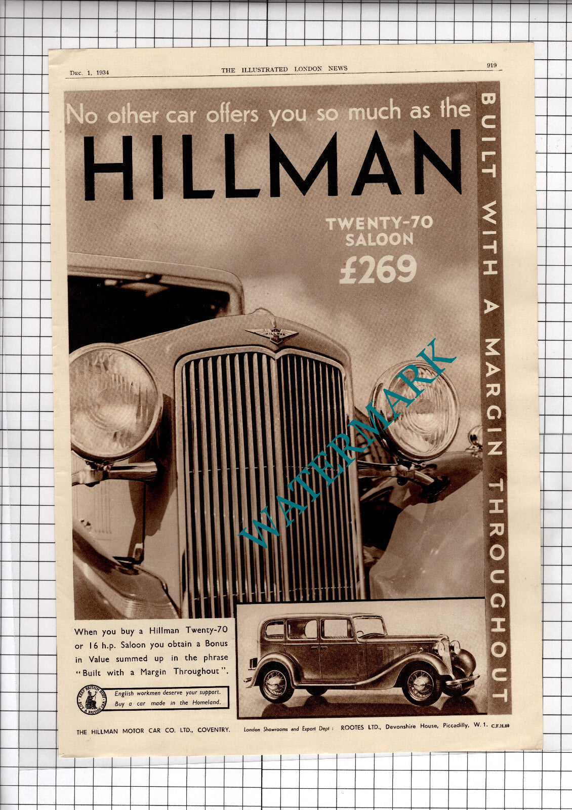 Hillman Twenty-70 Car Advert  - 1934 News Page / Print
