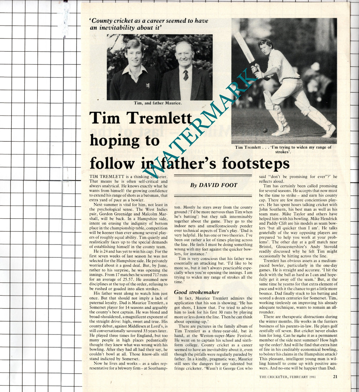 Tim Tremlett  Cricket Maurice Tremlett  - 1981 Article