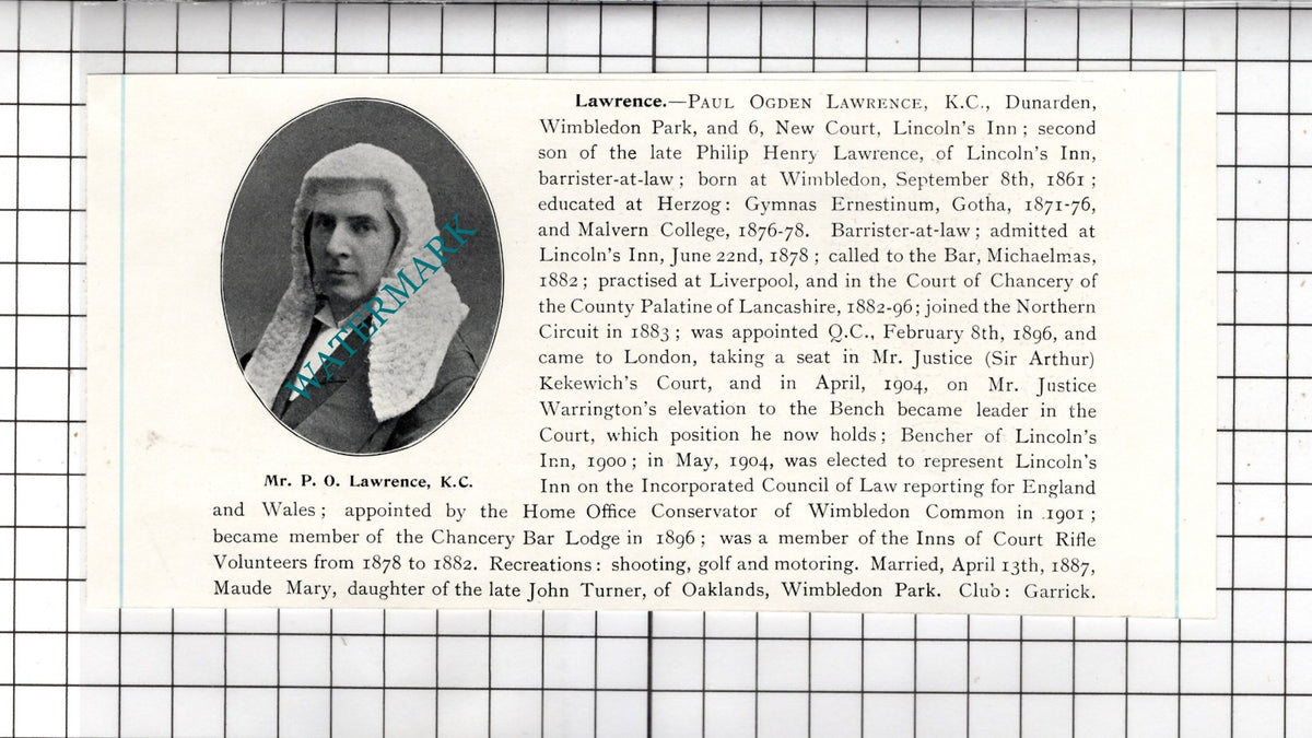 Mr Paul Ogden Lawrence Dunarden Wimbledon Park London  - c.1905 Clipping