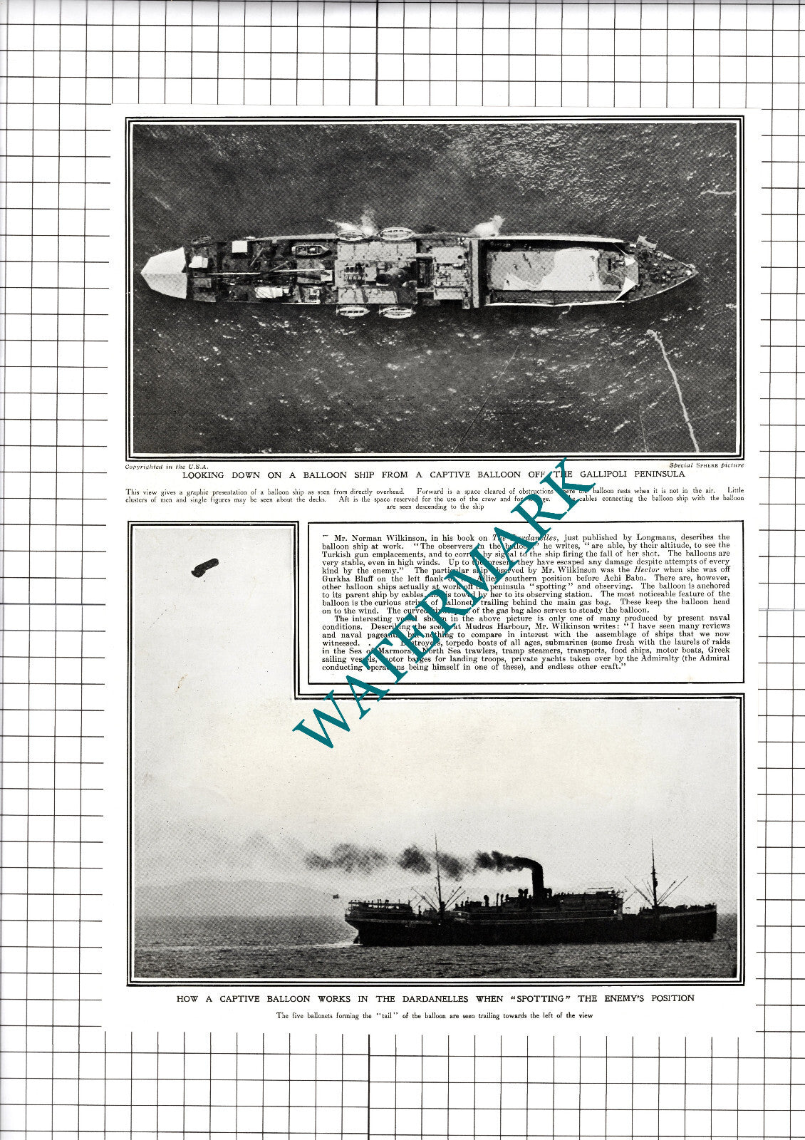 Balloon Ship Gallipoli Dardanelles Norman Wilkinson WW1 - 1915 Cutting / Print
