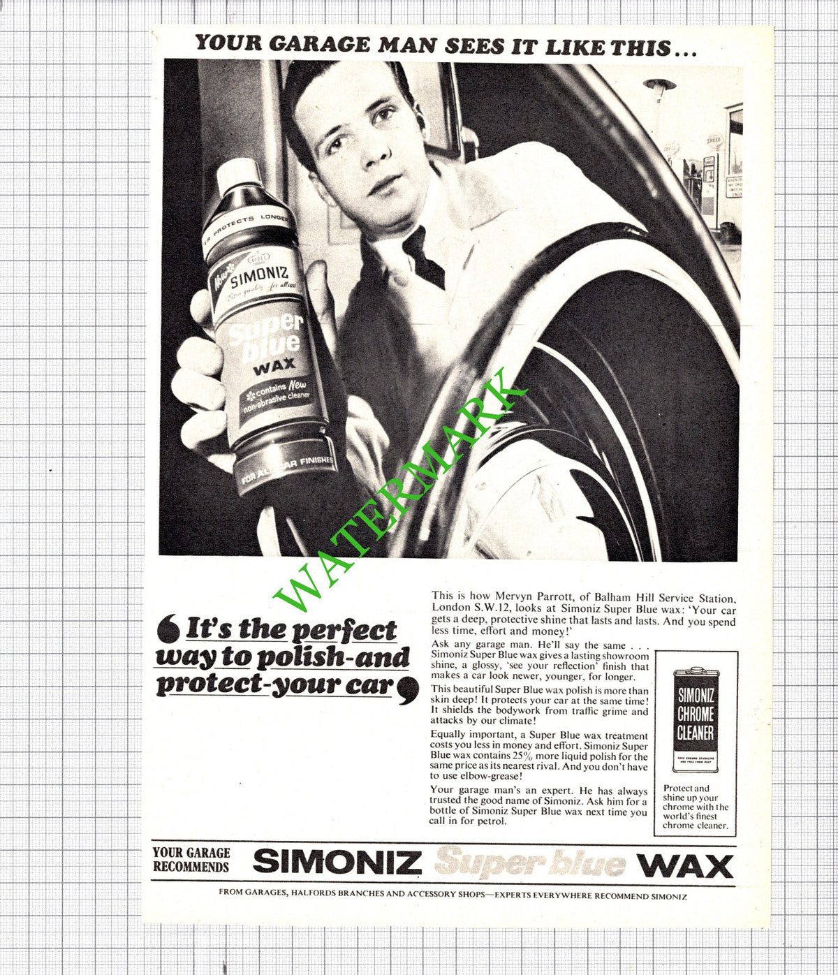 Mervyn Parrott Balham Hill Service Station London Simoniz Advert - 1966 Cutting