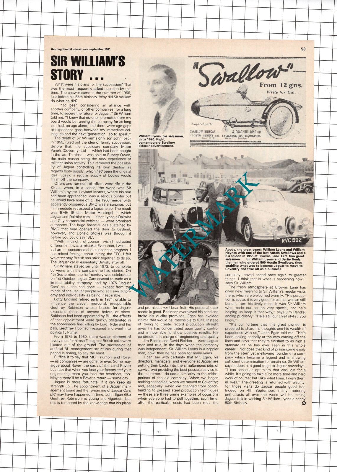 Sir William Lyons Jaguar Founder - 1981 Article