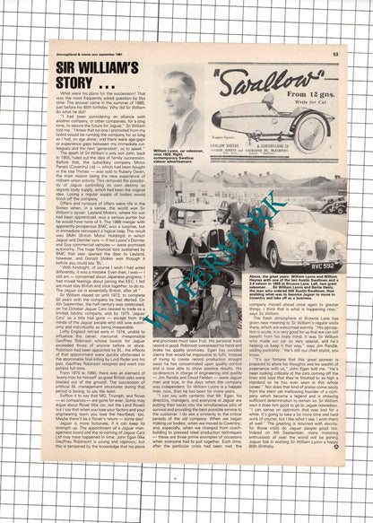 Sir William Lyons Jaguar Founder - 1981 Article