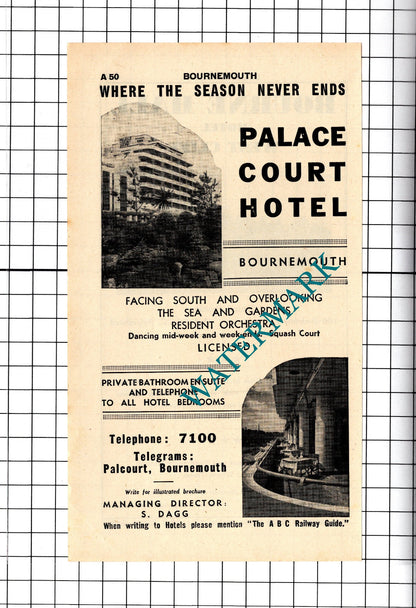 Bourne Hall Hotel Bournemouth / Palace Court Hotel Dagg Advert - 1958 Cutting