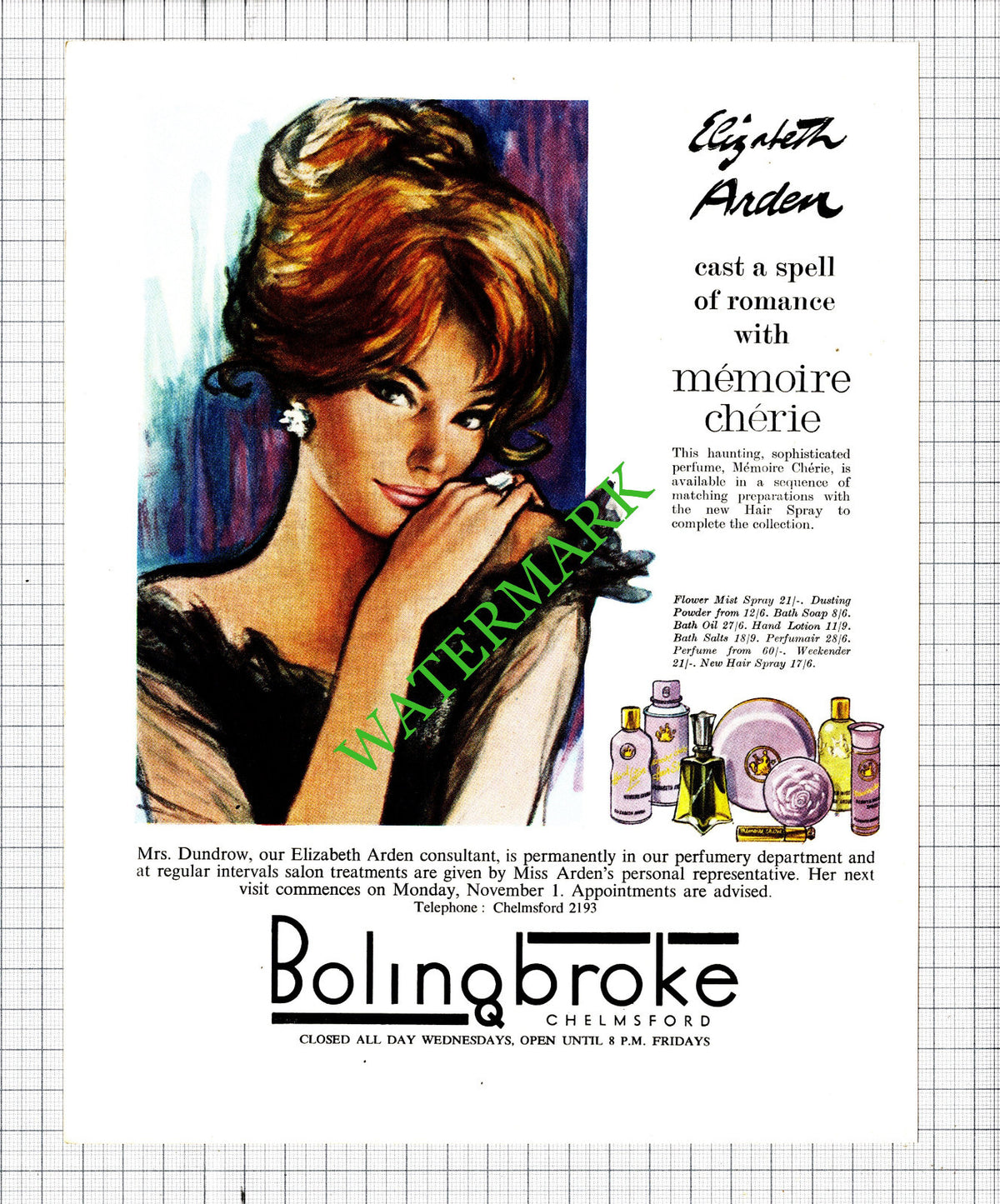 Elizabeth Arden Bolingbroke  Memoire Cherie Dundrow  ADVERT   - 1965 Cutting