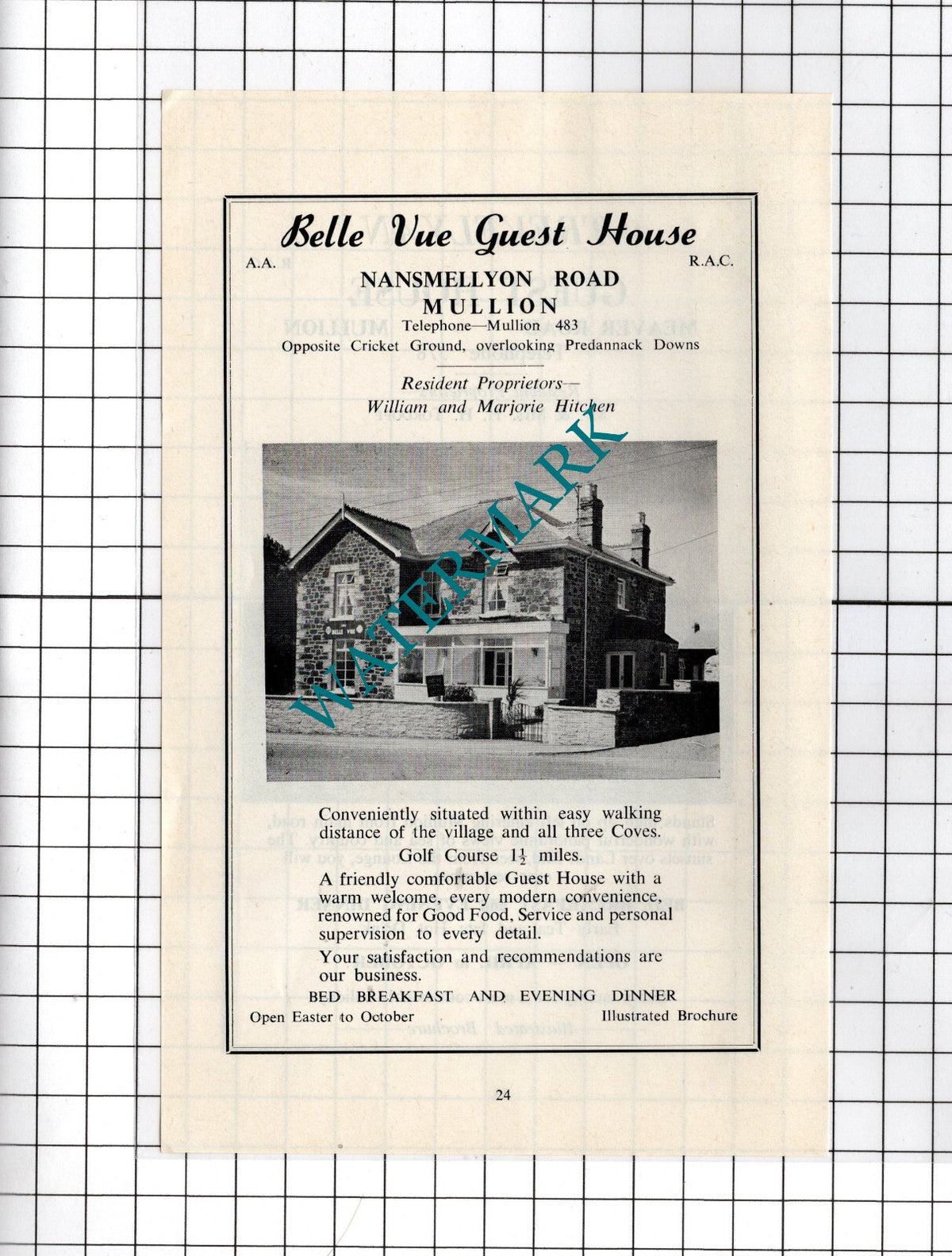 Belle Vue Guest House Mullion Cornwall Hitchen Trevelyan Tordoff  -c.1969 Advert