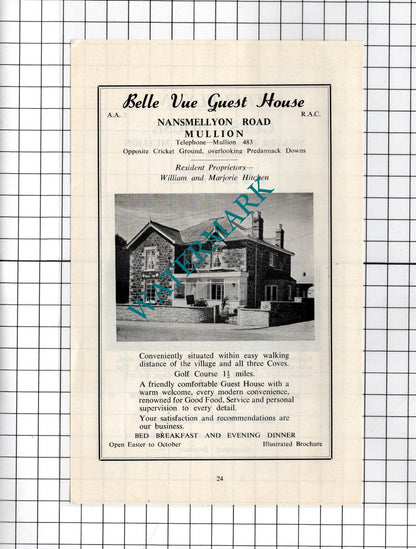 Belle Vue Guest House Mullion Cornwall Hitchen Trevelyan Tordoff  -c.1969 Advert