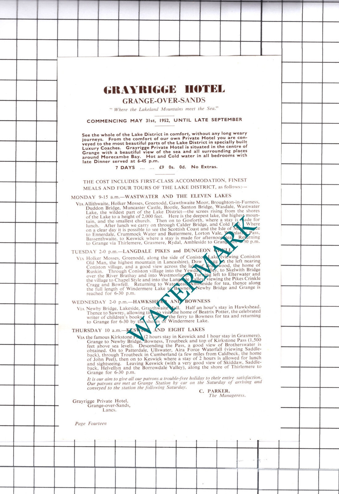 Grayrigge Hotel Grange Over Sands C Parker Advert - c.1952 Cutting