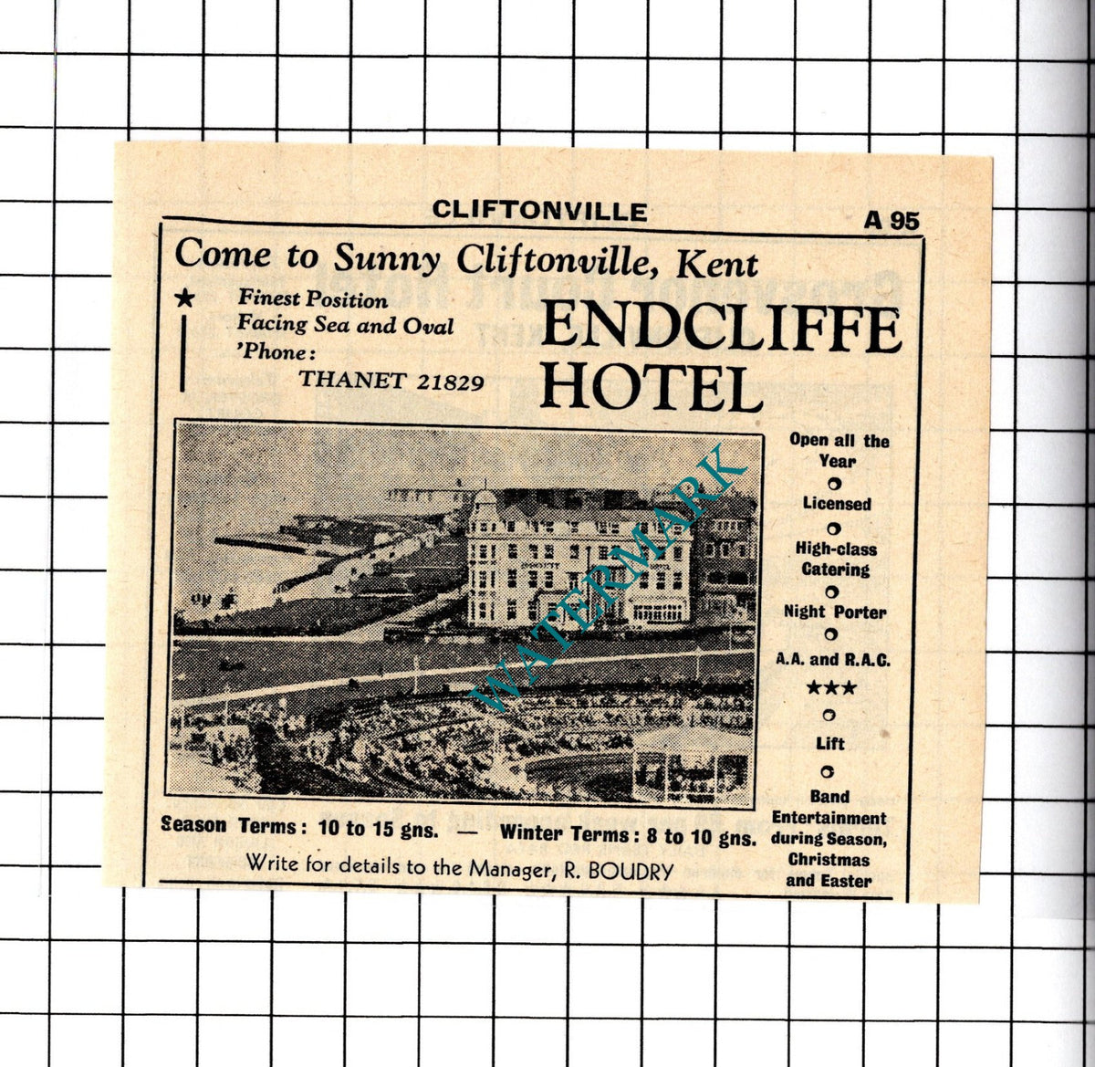 Endcliffe Hotel Cliftonville Kent R Boudry Small Advert - 1958 Cutting / Print