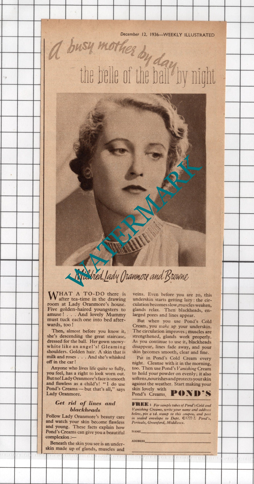 Mildred Lady Oranmore and Browne Pond's Cream Advert - 1936  Clipping