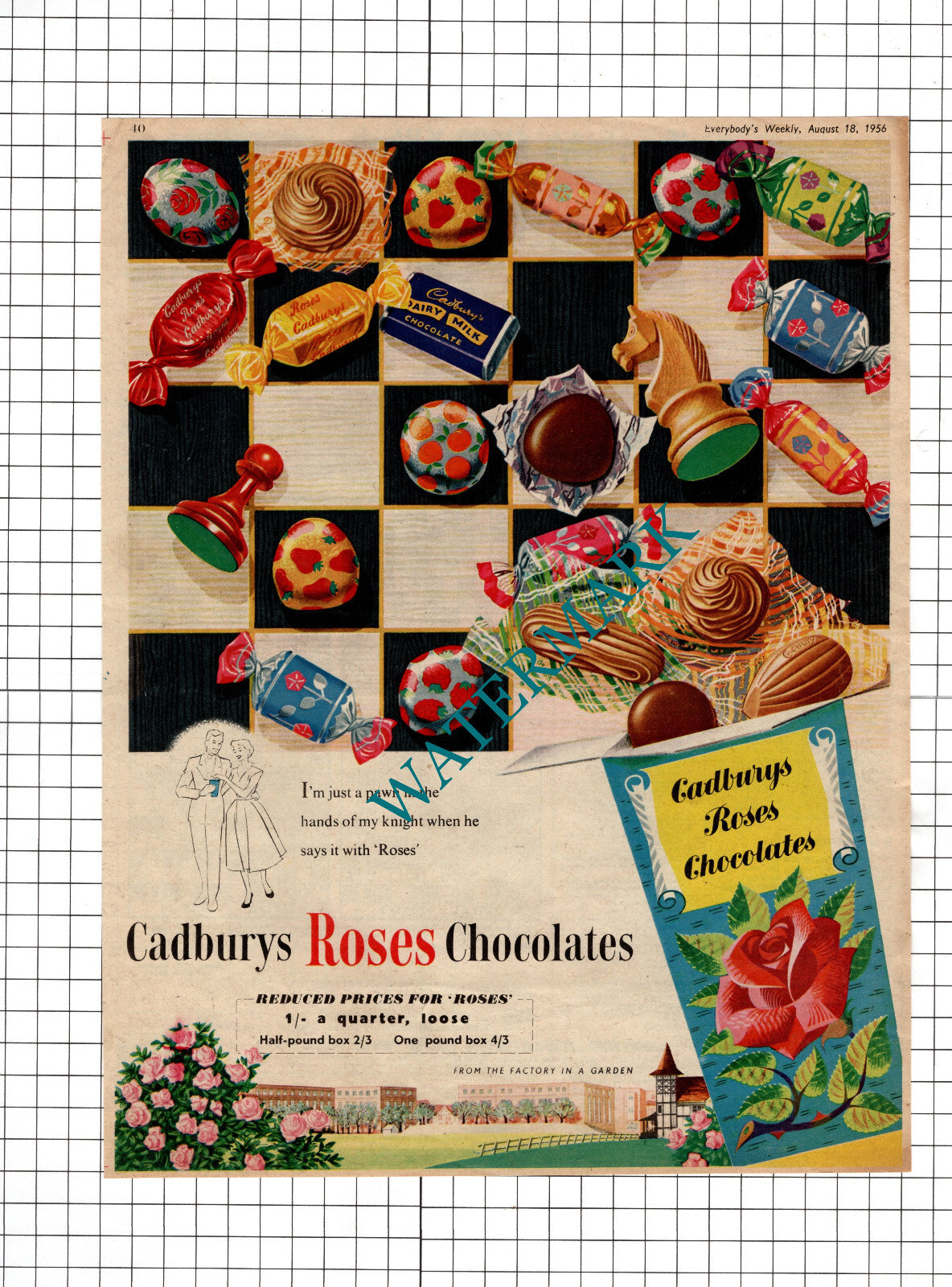 Cadburys Roses Chocolates Chess - 1956 Magazine Advert