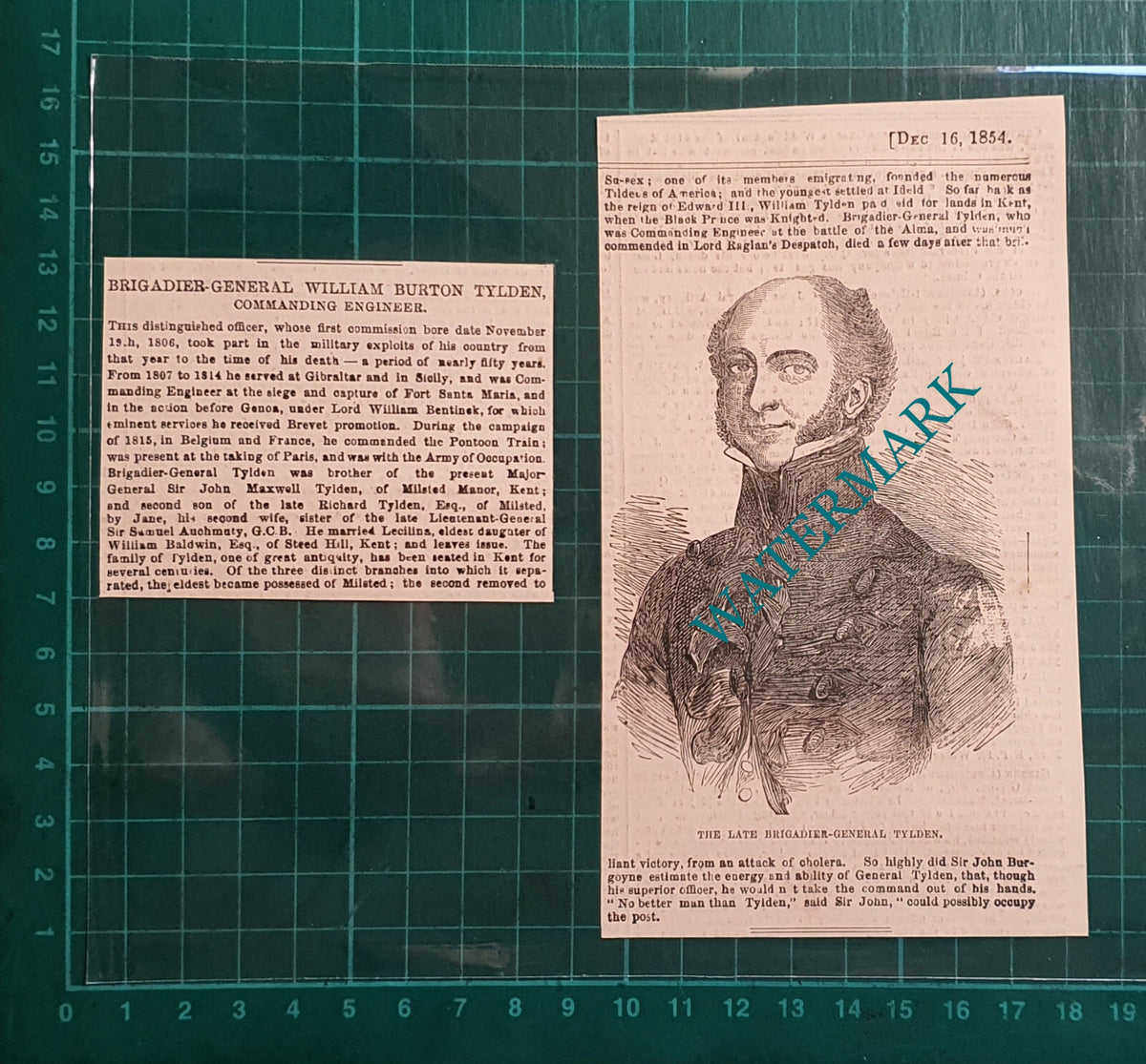 Brigadier General William Burton Tylden - 1854 2-Part Clipping / Print